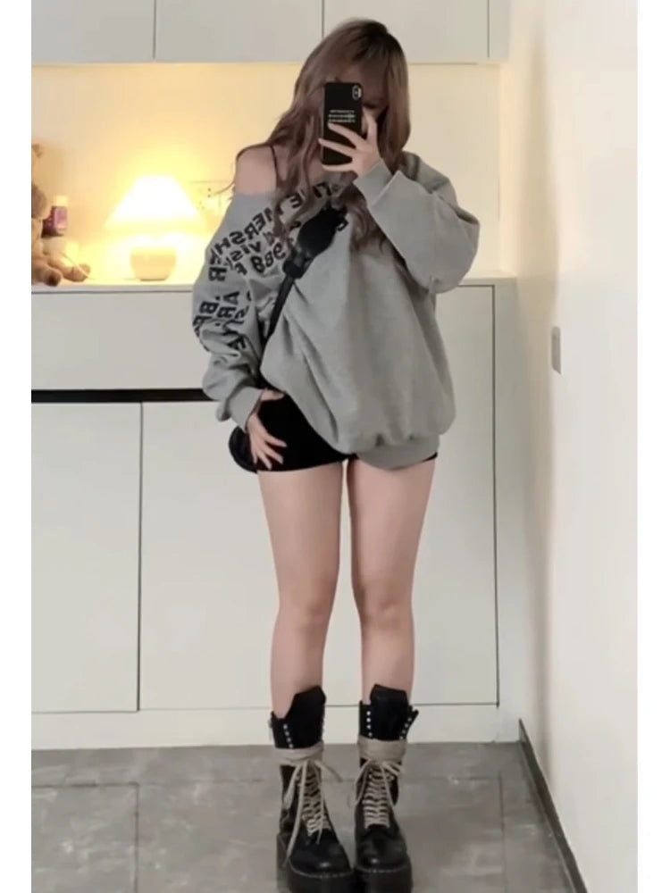 Women Grey Letter Print Long Sleeve Sweatshirt 90s Aesthetic Vintage Streetwear Harajuku Oversize Sweatshirt Clothes Autumn 2024