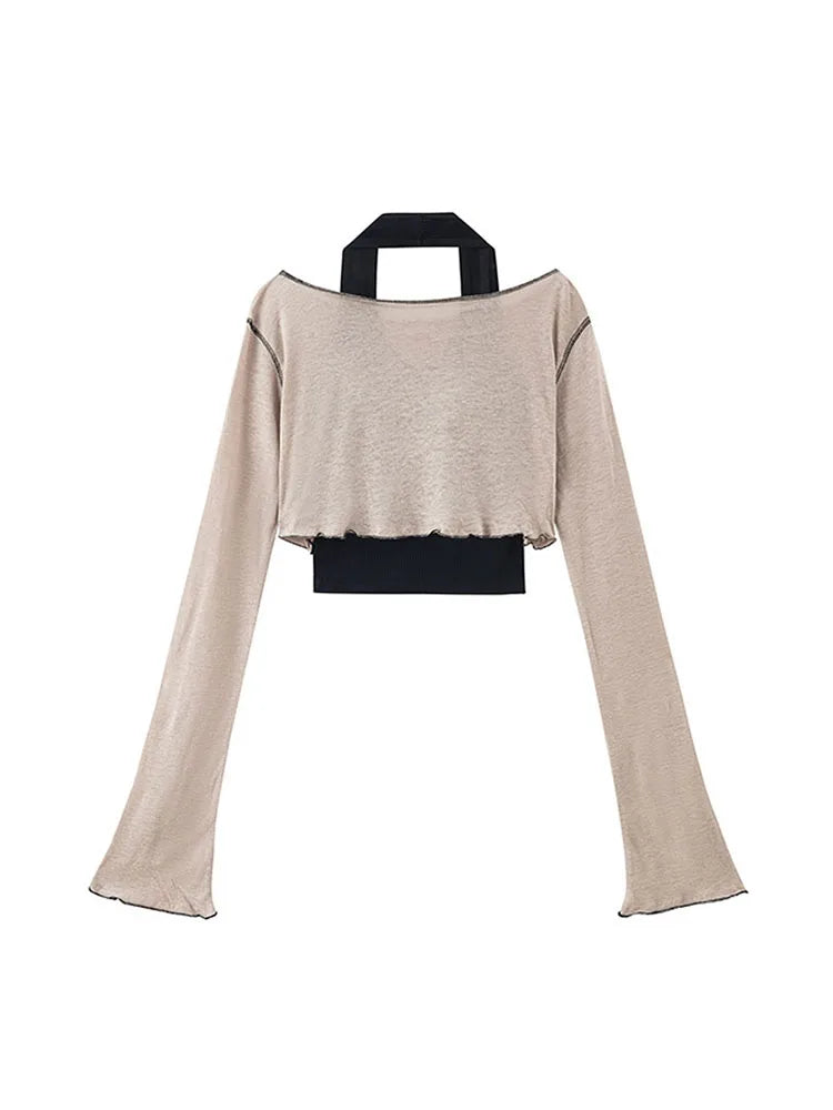 2022 Autumn Sexy See Trough Crop Top Y2K Vintage Harajuku Streetwear E-girl T-shirt Long Flare Sleeve Slim Fit Tee Women Clothes