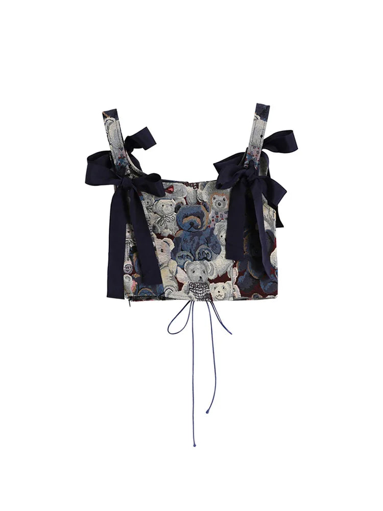 New 2022 Korean Cute Bear Jacquard Bow Women Suspender Vest Summer Y2K Vintage Casual Sleeveless Off Shoulder Ladies Crop Tops