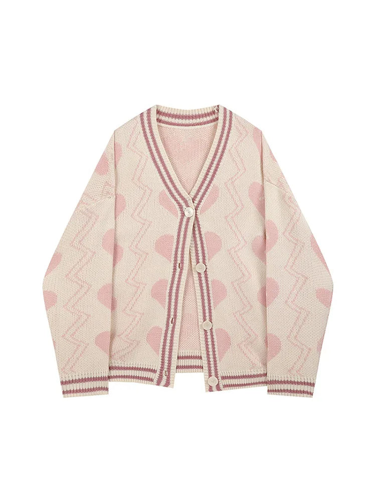 2022 Fashion Women Cardigan Sweater Long Sleeve V-neck Single Breasted Pink Sweet Heart-shaped Print Casual Loose Knitwear Coat