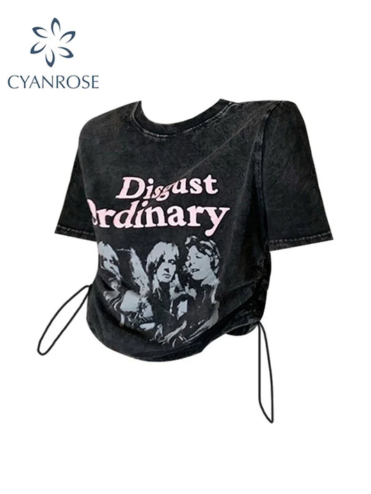 2023 Summer Funny Shirt Women T-Shirts Y2k Harajuku Fashion Korean Vintag Print Crop Tops Vintage Short Sleeve Gothic Black Tee