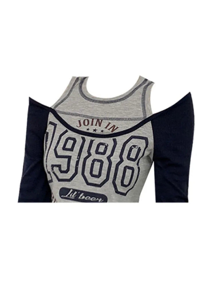 American College Style Women Y2k Off Shoulder O-neck Long Sleeve Tops Women Letter Print Contrast Color Tees Women 2022 Autumn