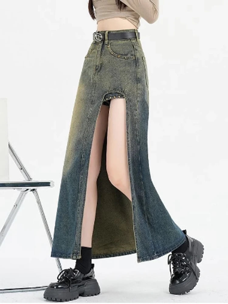 Women's Blue A-line Denim Skirt with Slit Vintage Aesthetic Y2k Jean Skirt Harajuku Korean Long Skirt 2000s Clothes Summer 2024