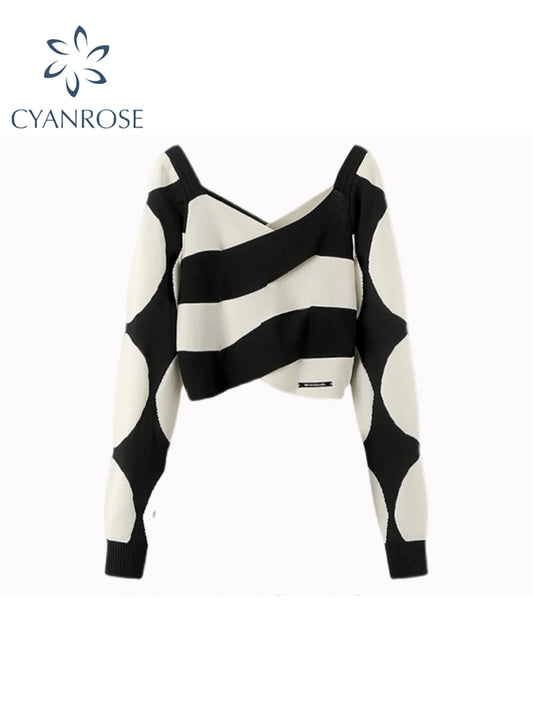 Women's Striped Pullover Knitted Sweater Harajuku Y2k Long Sleeves Sweater Jumper Vintage 2000s Aesthetic Female Clothes Autumn