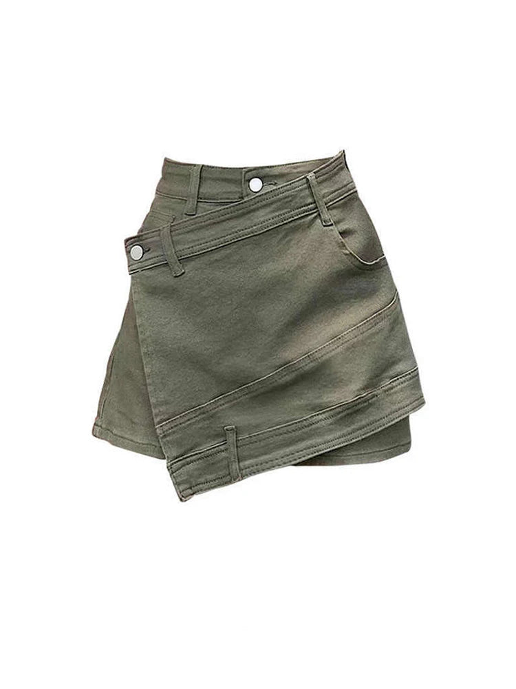 Women Army Green A-line Denim Skirt Vintage Y2k Mini Jean Skirt Harajuku Korean Style Cowboy Skirts 2000s Fashion Clothes Summer