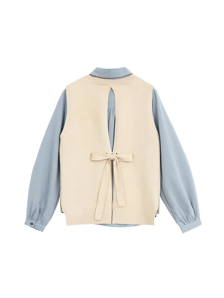 Preppy Bow Blouse & Vest Set Autumn Two-Piece