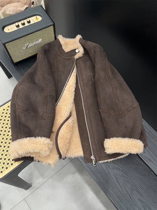 Women Coffee Shearling Jacket Coat Vintage Black Motorcycle Jacket 90s Fashion Streetwear Korean Loose Leather Outerwear Clothes