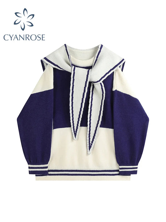 2022 Women Sweater Oversized Preppy Style Patchwork Knitted Basic Pullovers Sailor Collar Loose Soft Female Knitwear Jumper Tops