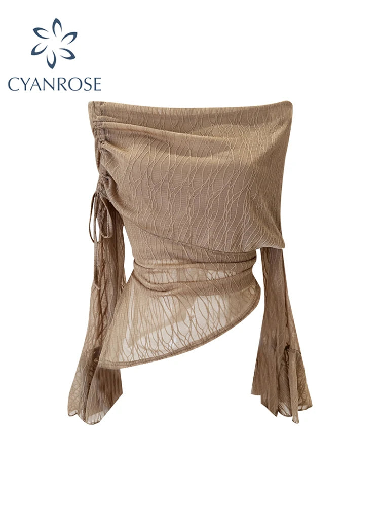 Women's Khaki Slash Neck T-shirt Harajuku Korean Y2k Tee Top 2000s Clothes Aesthetic Fashion Long Sleeve Vintage T-shirts Autumn