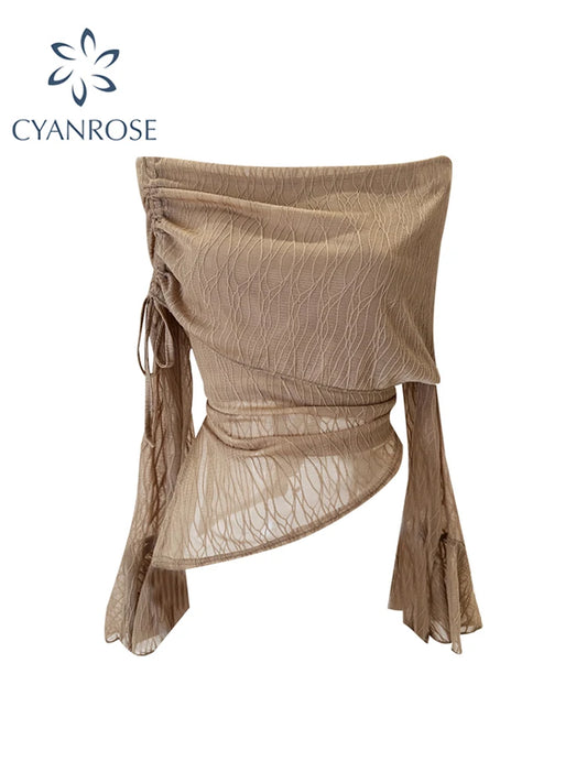 Women's Khaki Slash Neck T-shirt Harajuku Korean Y2k Tee Top 2000s Clothes Aesthetic Fashion Long Sleeve Vintage T-shirts Autumn