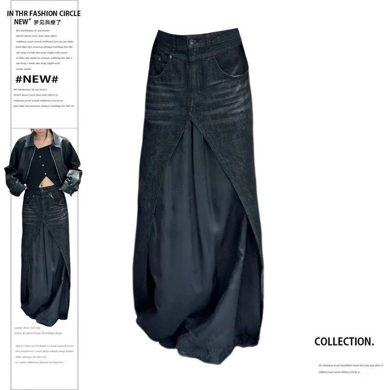 Women Black Y2k A-line Jeans Skirt Patchwork Harajuku Long Denim Skirts Streetwear 90s Aesthetic Vintage Cowboy Skirt 2000s
