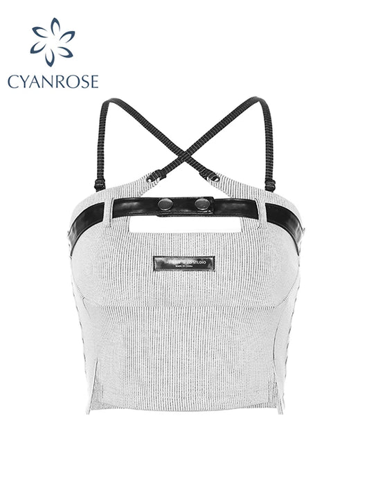 Women's Camisole Spaghetti Strap Crop Top Vintage Y2k Summer Fashion Tank Top Sexy Hollow Out Sleeveless Off Shoulder Vest 2023