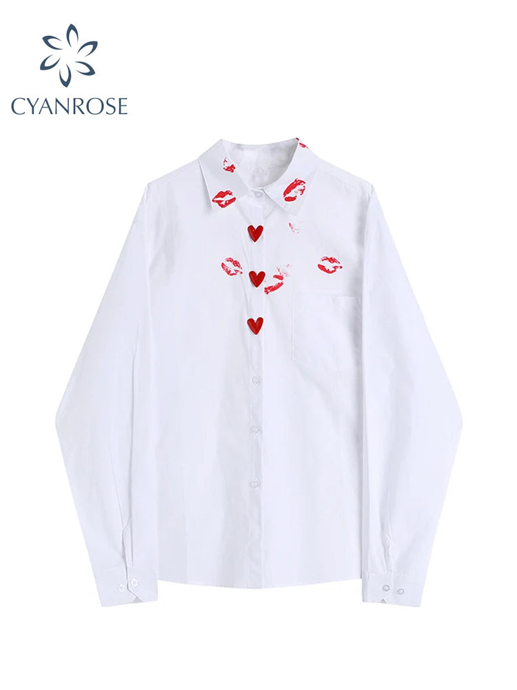 2022 Early Autumn Ladies New Style Lip Print Heart Print Shirt Women Fashion Loose White Long Sleeved Temperament Button Blusas