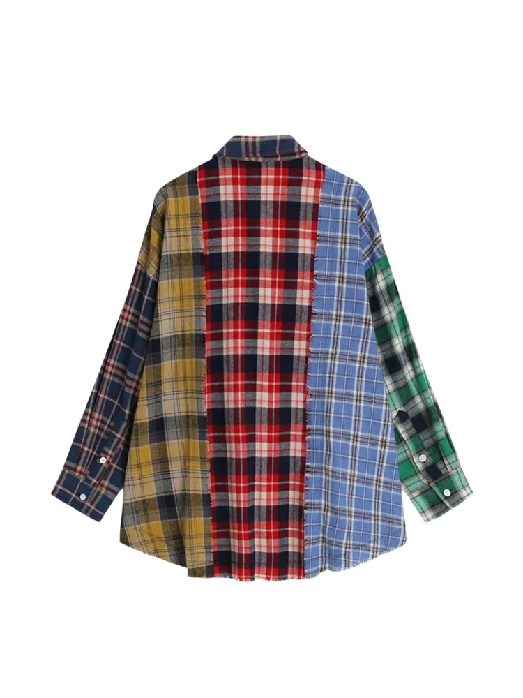 Women Patchwork Plaid Shirts and Blouses Y2k Vintage Korean Harajuku Fashion 90s Elegant Long Sleeve Polo-Neck Shirt Top Clothes