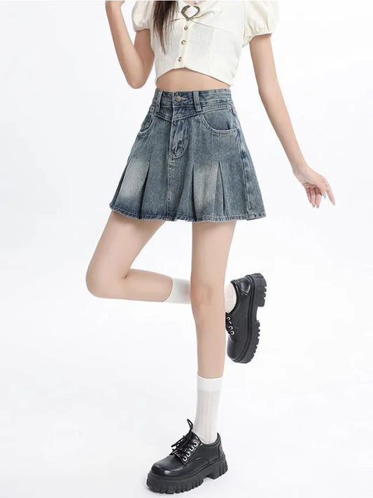Women's Blue A-line Denim Pleated Skirt Vintage 90s Aesthetic Y2k Jean Skirt Harajuku Korean Cowboy Skirts 2000s Clothes Summer