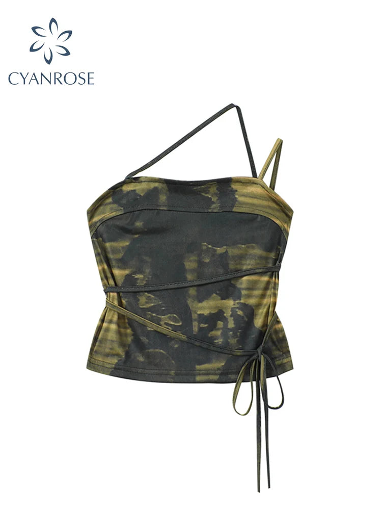 2022 Summer New Design Print Suspender Top Women's Sexy Bodycon Crop Tops Camouflage Bandage Female Retro Off Shoulder Camisole