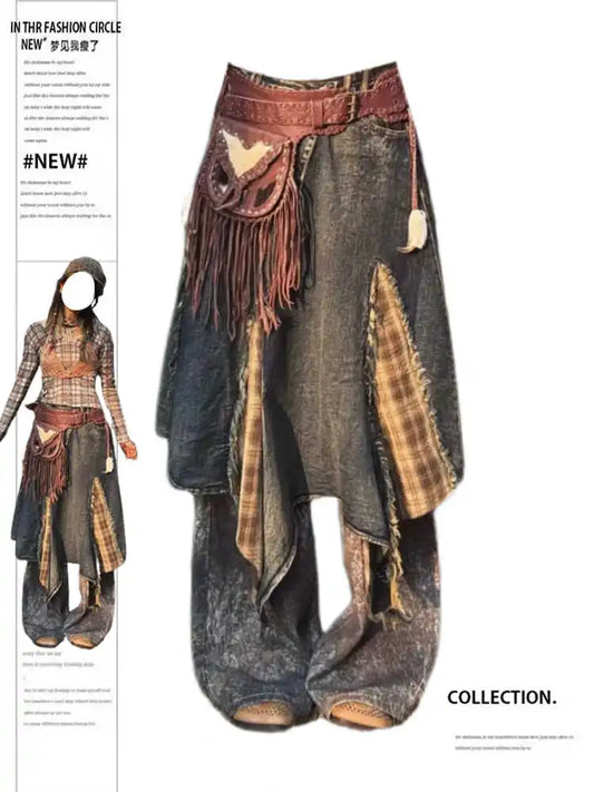 Women's Patchwork A-line Skirt Vintage 90s Aesthetic Streetwear Y2k Long Oversize Skirt Harajuku Korean Skirts Emo 2000s Clothes