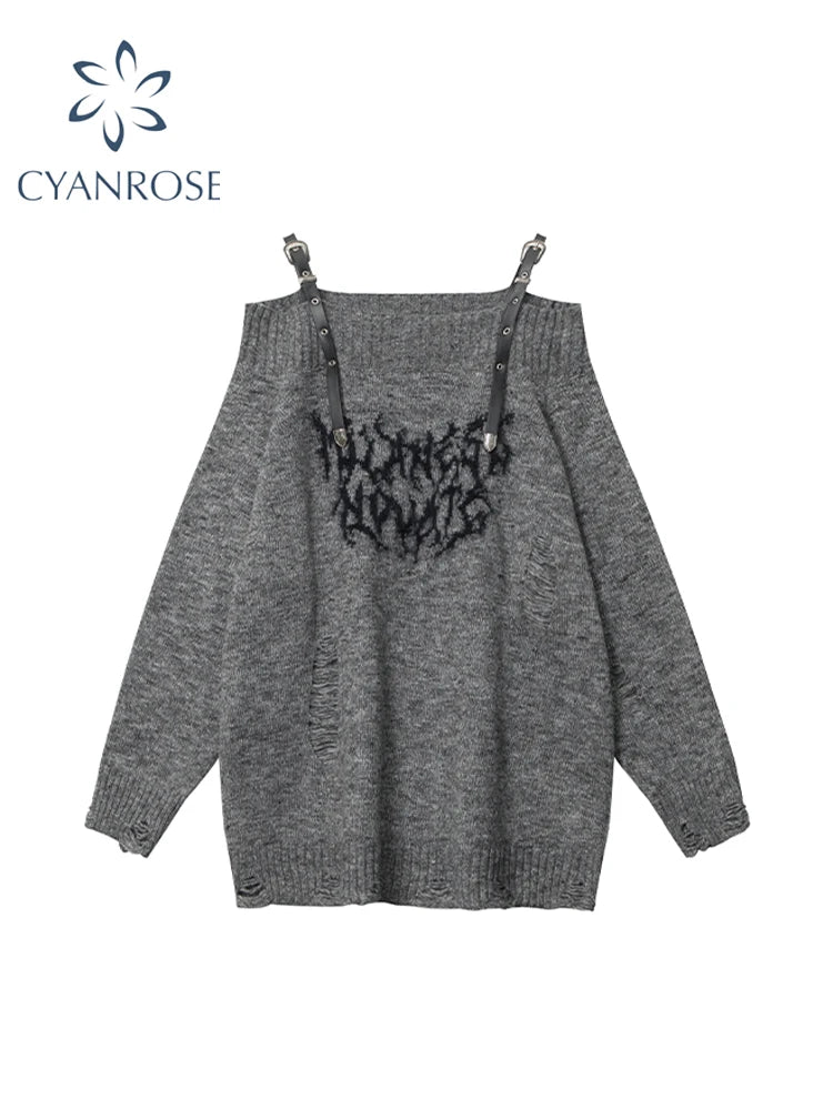 Women's Grey Pullover Knitted Sweater Harajuku 90s Aesthetic Y2k Long Sleeves Sweaters Jumper Fashion Vintage 2000s Clothes 2024