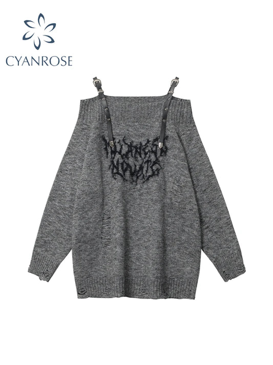 Women's Grey Pullover Knitted Sweater Harajuku 90s Aesthetic Y2k Long Sleeves Sweaters Jumper Fashion Vintage 2000s Clothes 2024