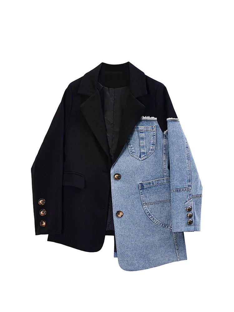 Women Vintage Fashion Blazer Denim Patchwork Jackets 2022 Autumn Winter Irregular Coat Women Long Sleeve Loose Korean Outerwear