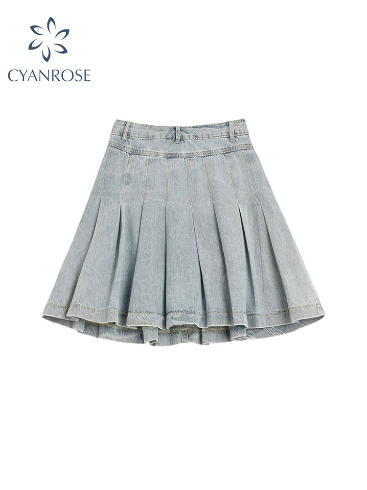 High Waist Denim Mini Skirt Women Korean Vintage New Fashion Slimming Versatile Denim Button Lotus Leaf Pleated Skirts Female