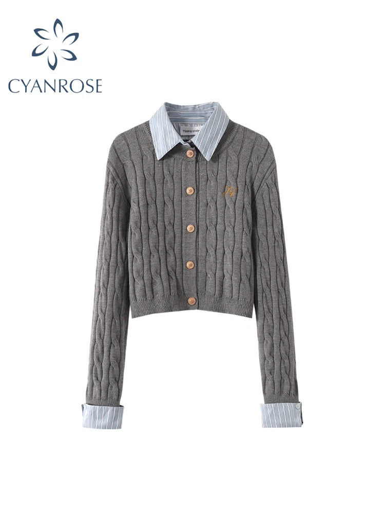 Women's Grey Cardigan Knitted Sweater Harajuku 90s Aesthetic Y2k Long Sleeve Sweater Jumper Vintage 2000s Aesthetic Clothes 2024