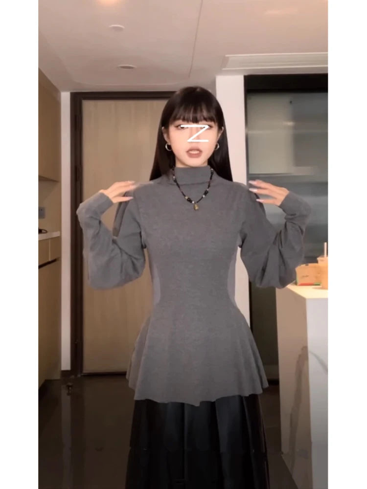 Women's Grey T-shirt Harajuku Korean Y2k Lace Tee Top Vintage 90s Aesthetic Long Sleeve Turtleneck T-shirts 2000s Clothes Autumn