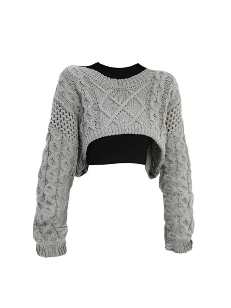 2022 Autumn New Women Solid Color Pullover Sweater Hollow Out Knitted Long Sleeve Cropped Sweater Korean Style Casual Fashion
