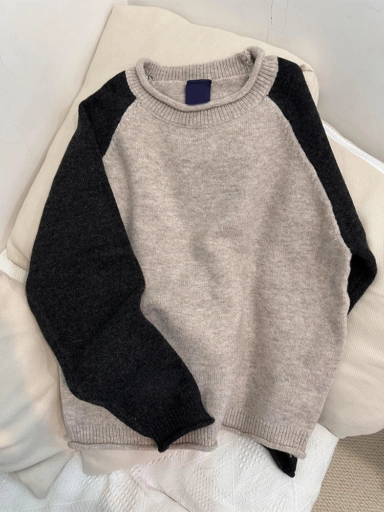 Women's Patchwork Pullover Sweater Harajuku Long Sleeves Two-tone Sweaters Jumper Vintage Y2k 2000s Clothes Fashion Winter 2024