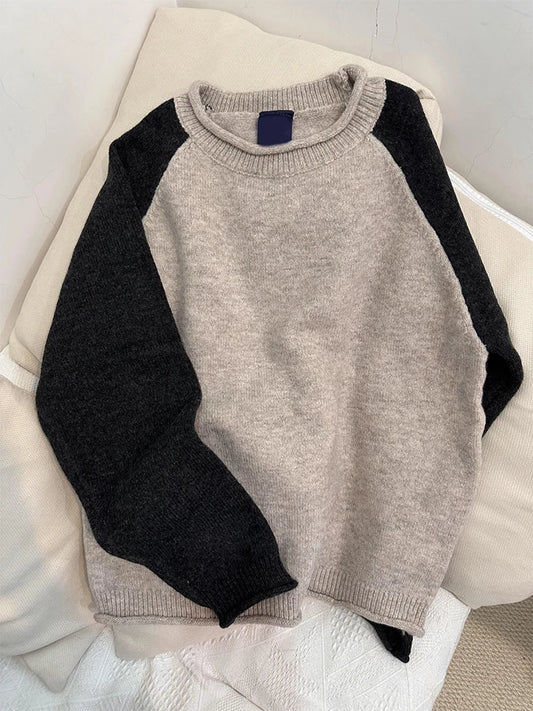 Women's Patchwork Pullover Sweater Harajuku Long Sleeves Two-tone Sweaters Jumper Vintage Y2k 2000s Clothes Fashion Winter 2024