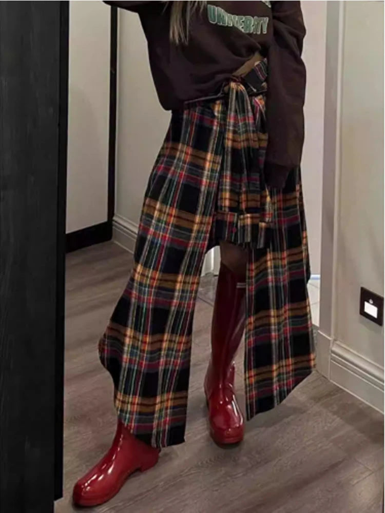 Women's A-line Plaid Skirt Vintage Aesthetic Y2k Long Skirt Harajuku Streetwear Emo Asymmetrical Skirt 2000s Clothes Summer 2024