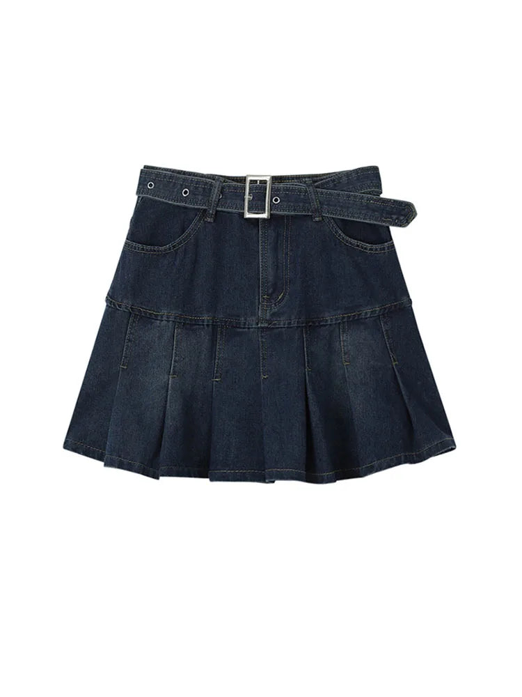 Y2k High Waist Denim Mini Pleated Skirts With Belt Women 2021 Summer Fashion Retro A Line Skirt Korean Ins Female Casual Skirts