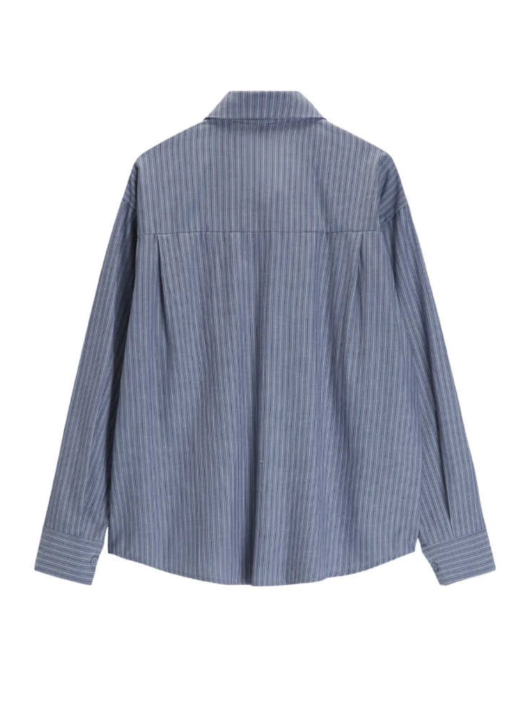 Blue Color Striped Design Tie Decoration Blouses Women Preppy Style Shirt Retro Sweet Cute Style Over-shirt Y2K Loose 2025