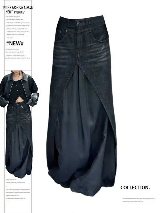 Women Black Y2k A-line Jeans Skirt Patchwork Harajuku Long Denim Skirts Streetwear 90s Aesthetic Vintage Cowboy Skirt 2000s