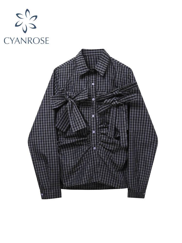 Y2K Plaid Blouse - Harajuku Vintage Bow Long Sleeve Summer 2025