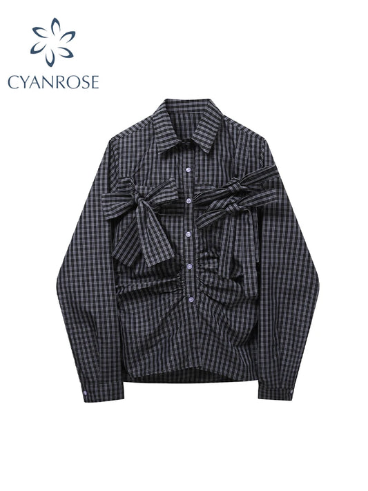 Y2K Plaid Blouse - Harajuku Vintage Bow Long Sleeve Summer 2025