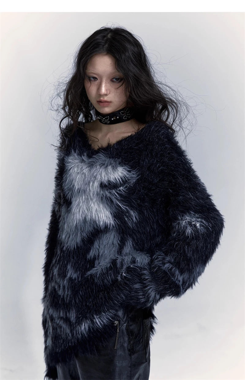 Women Black Gothic Mohair Pullover Knitted Sweater Harajuku Y2k Long Sleeves Sweater Jumper Vintage 2000s Aesthetic Clothes 2024