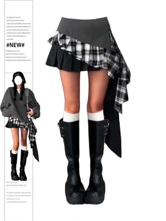 Women Patchwork A-line Pleated Skirt 90s Vintage Aesthetic Y2k Oversize Skirt Harajuku Korean Asymmetrical Skirts 2000s Clothes