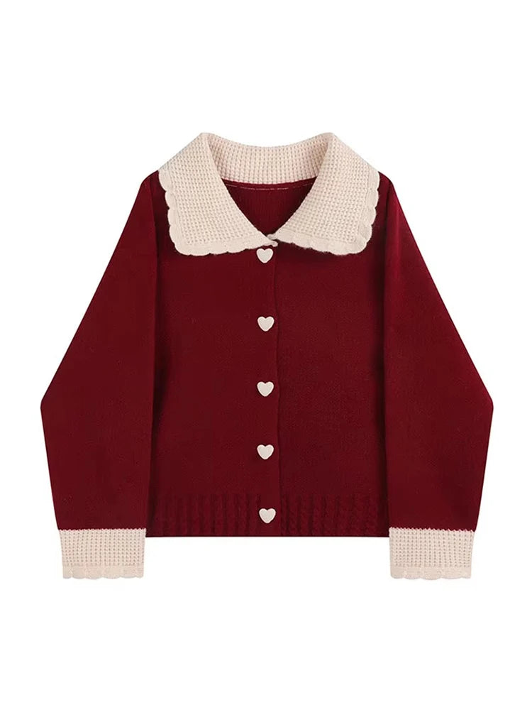 Spring New Red Cardigan Sweaters For Women Loose Peter Pan Collar Elegant Korean Single Breasted Female Knit Cardigans Coat Top