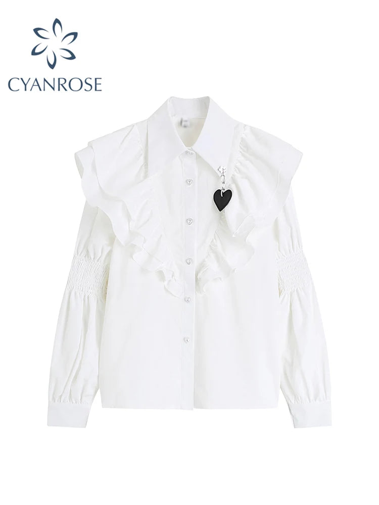 Women's 2025 Autumn Vintage Blouse - Tiered Ruffles & Heart Bubble Sleeve with Auricular Edge White Romantic Top