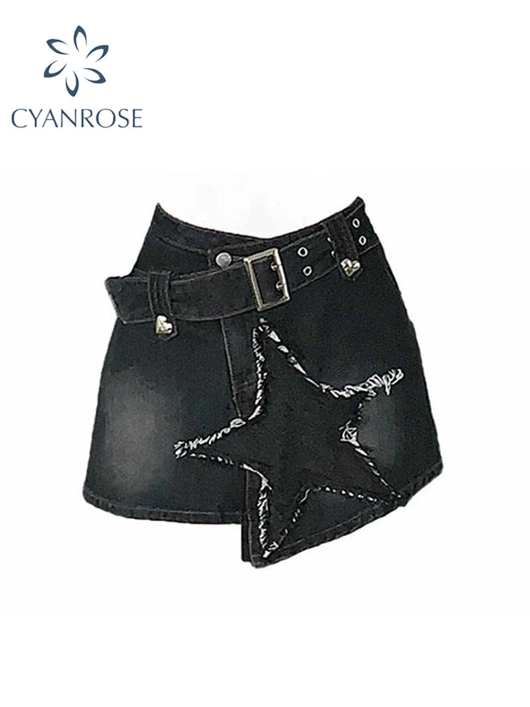 Women's Black Gothic A-line Denim Star Skirt Vintage 90s Aesthetic Y2k Mini Cowboy Skirt Harajuku Jeans Skirts Emo 2000s Clothes