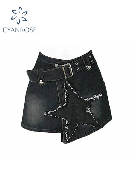 Women's Black Gothic A-line Denim Star Skirt Vintage 90s Aesthetic Y2k Mini Cowboy Skirt Harajuku Jeans Skirts Emo 2000s Clothes