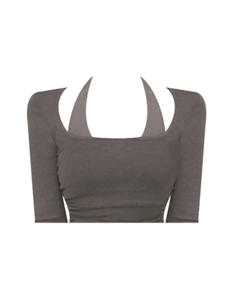 Y2k Sexy Vintage T Shirt Spring Clothes For Women Fashion Crop Top Long Sleeve Skinny Slim Basic Fake Two Pieces Tee Streetwear