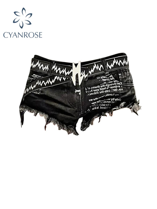 Women Black Goth Denim Shorts Vintage Y2k Streetwear Harajuku Print Mini Jeans Shorts Punk Emo Cowboy Short Pants 2000s Clothes