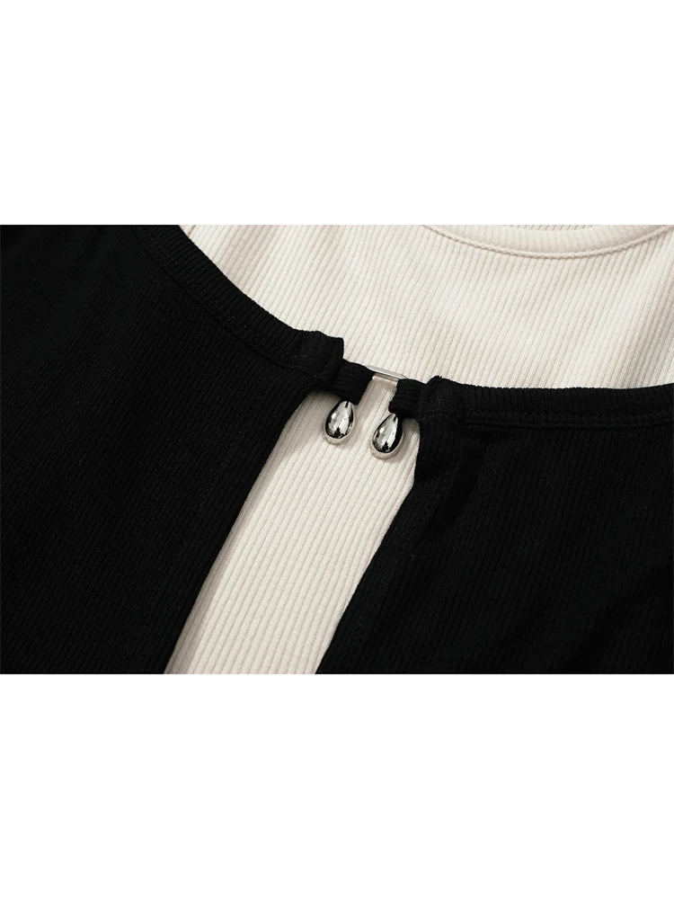 Women's T-shirt Harajuku Patchwork Crop Tops Retro Korean Y2k Black Clothes Vintage Streetwear 2023 Summer Long Sleeve Tee Top