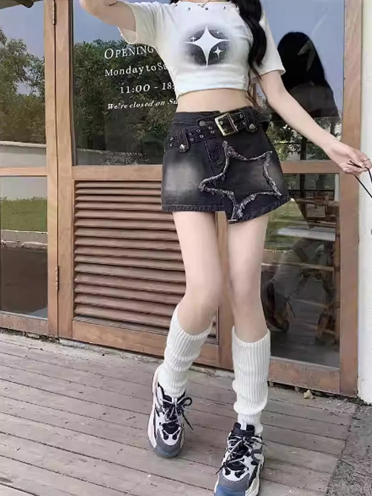 Women Black Gothic Denim Skirts Harajuku A-Line Mini Jean Skirt Vintage Y2k Aesthetic Oversize Skirt 2000s Trashy Clothes Summer