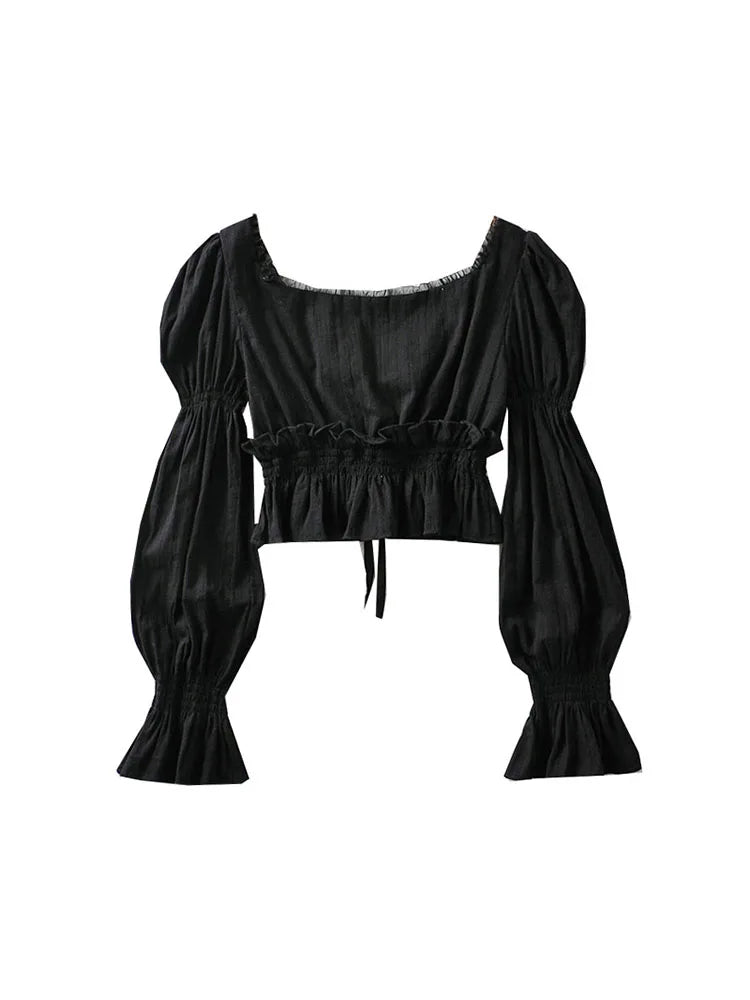 French Pleated Lantern Long Sleeve Shirt For Women's 2022 Spring And Autumn New Vintage White Square Collar Blouse Tops Female