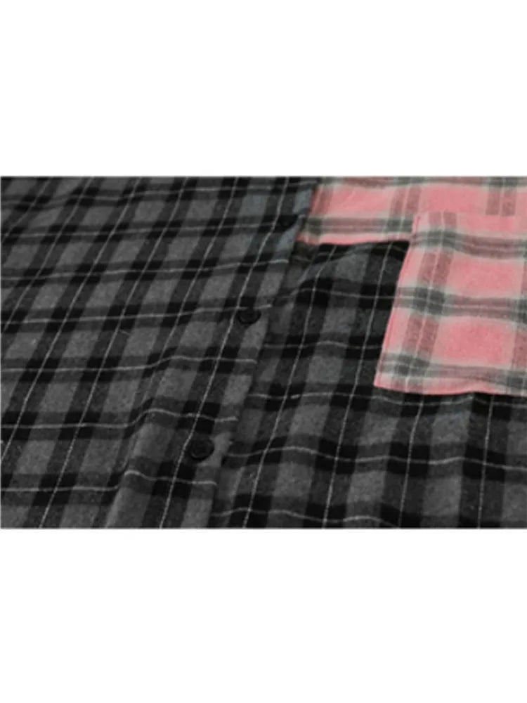 Turn-Down Neck Long Sleeve Patchwork Plaid Shirts Women Autumn Oversize Button Up Shirt Korean Fashion Casual Outwear Tops