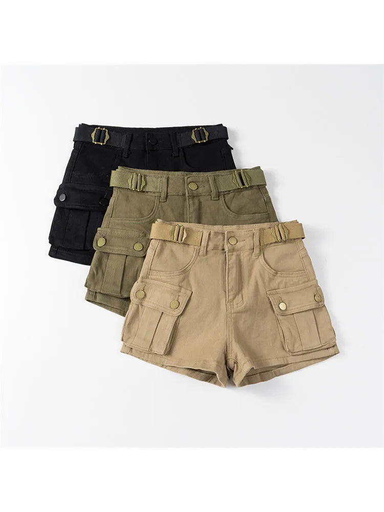 Vintage Women's Denim Shorts Hight Waisted Pockets Khaki Y2k Casual Jeans Cargo Pants Gothic Black Short Jeans 2023 Summer New