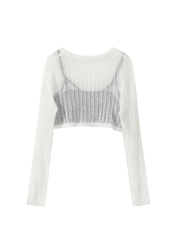 White Hollow Out Suspender Long Sleeve T-shirt Women 2022 Summer Leopard Sling Sexy Perspective Bottoming Shirt Crew Short Top